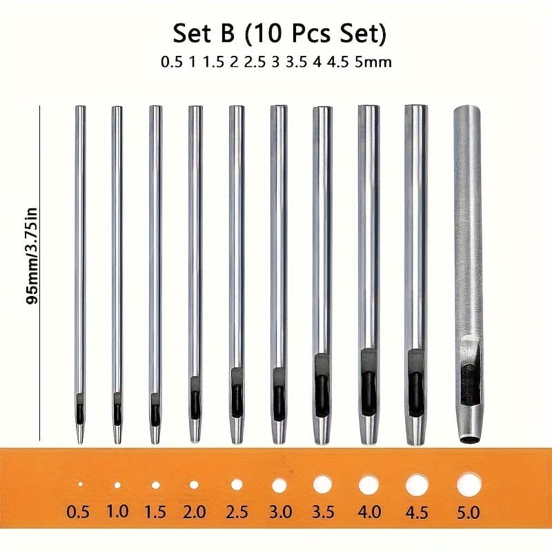 TEMU 10pcs Carbon Steel Leather Hole Punch Set - Round Cutter For Watch Bands, Belts & Paper Crafts