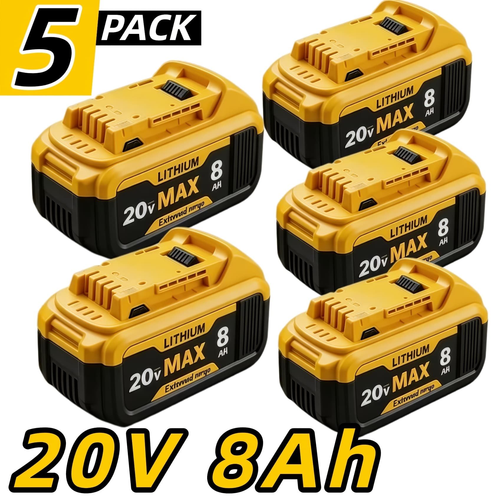 TEMU 5pcs 8.0ah 20v Replacement For 20v 8000mah Compatible With Dw 20 Volt Lithium-ion Batteries Dcb206 Dcb207 Dcb204 Dcb201 Dcb200 Dcd/dcf/dcg Series Power Tool