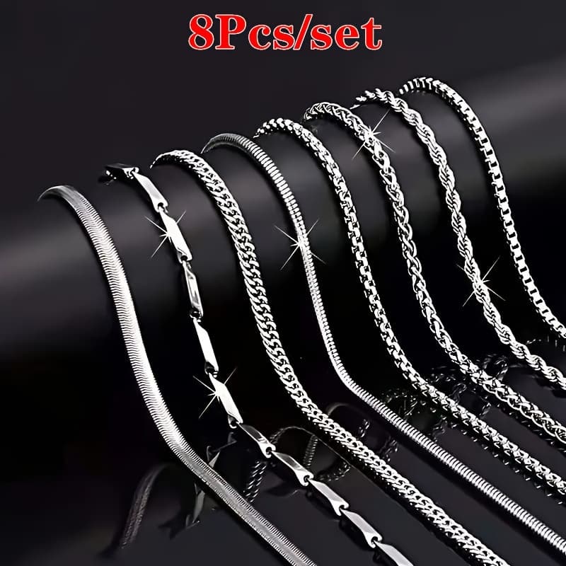 TEMU 8pcs Mens 304 Stainless Steel Necklace Set -stylish & Durableaccessories For Casual Wear - Hypoallergenic, Gift For