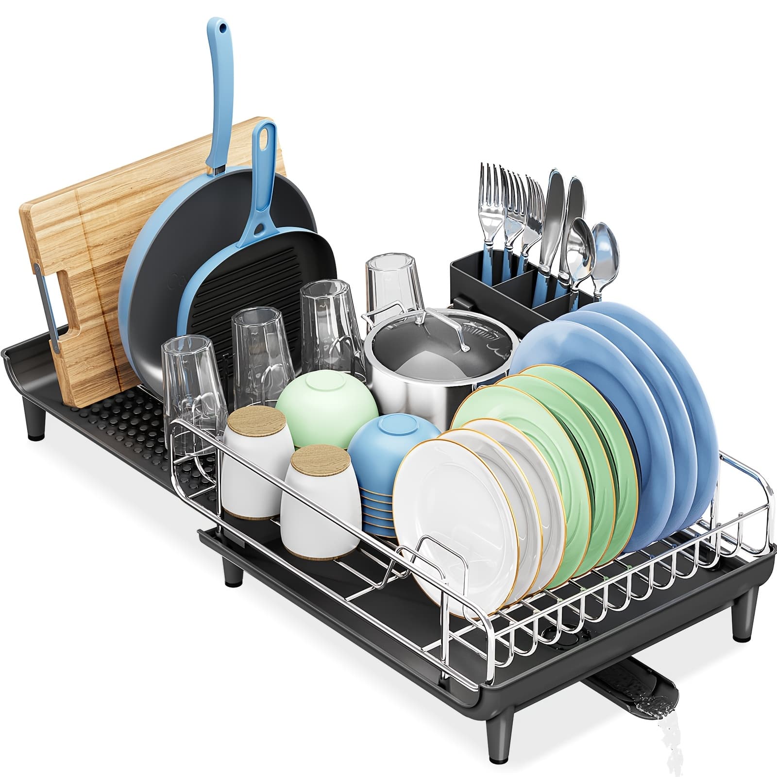 TEMU Kingrack Adjustable Dish Drying Rack - Expandable Dish Rack For Kitchen , Stainless Steel Dish Strainer With Cup And Utensil Holder, Large Foldable Countertop Dish Drainer With Pan And Pot Holder