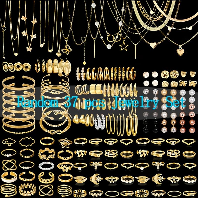 TEMU Random 37/47/50/71/87 Pieces Bohemian Jewelry Set, Earrings Necklaces Rings Bangles Versatile Stackable Accessories, Suitable For Daily And Festival Wear