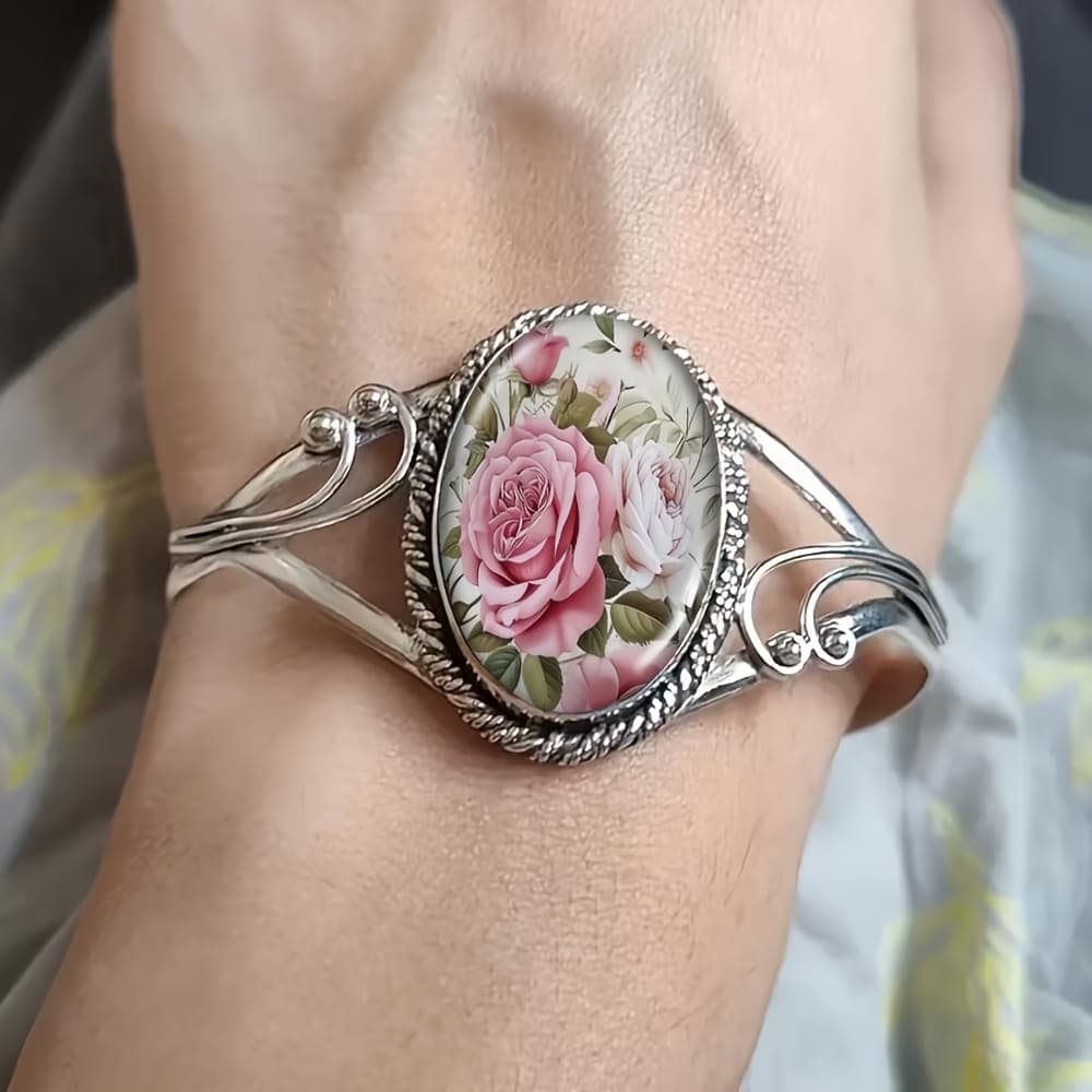 TEMU Women's Elegant Rose Floral Oval Bangle - K Plated Curved Carving Suitable For Casual Attire, Gift Jewelry, Versatile Accessory For Daily Use & Special Occasions