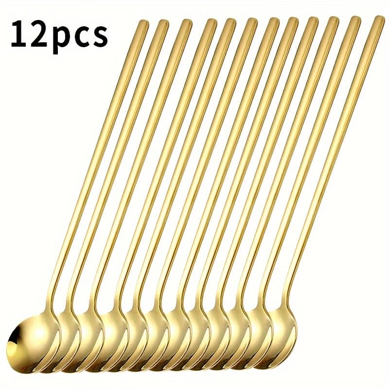 TEMU 12pcs Long Handle Stirring Small Round Spoons Coffee Spoons, Teaspoons, Stainless Steel Long Handle , Round Spoons, Dessert Spoons, Stirring , Hot Chocolate Iced , Restaurant/cafe Use