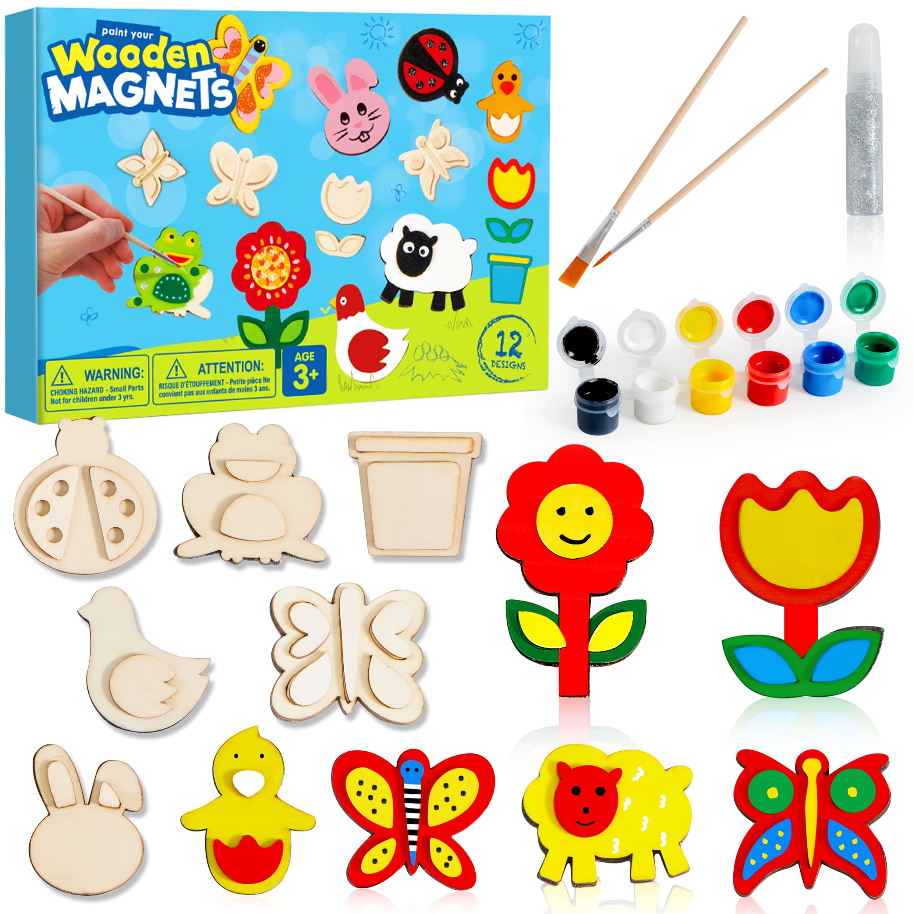 TEMU 12 Wooden Magnet Arts & Crafts Painting Kit For Kids, Decorate Your Own Painting Gift For Easter Basket Stuffers, Birthday Parties Crafts, Party Favors Toy For Boys Girls