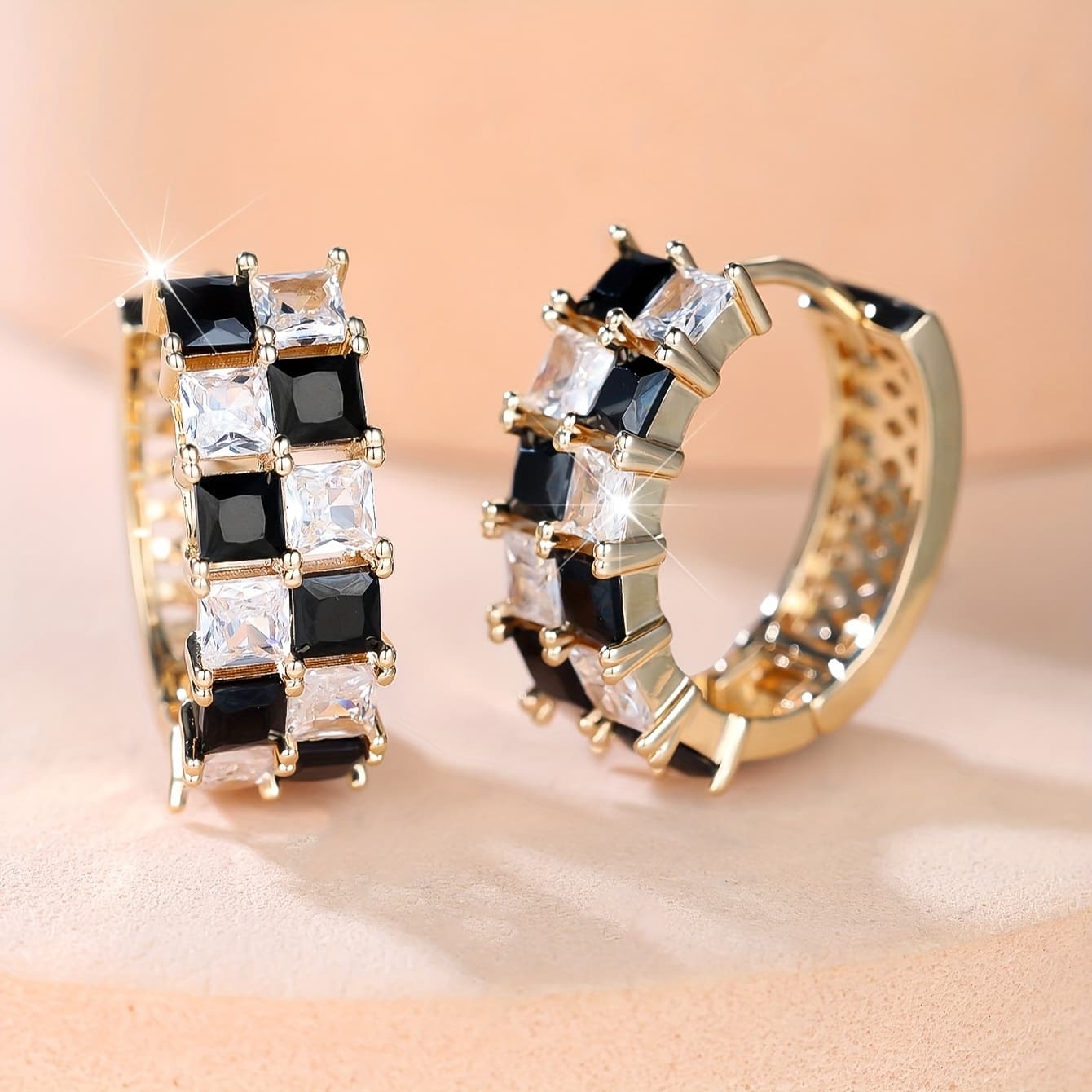 TEMU Elegant Black & White Synthetic Zirconia Gold Plated Women's Earrings - Luxurious For Weddings, Parties, Festivals, Casual Attire And Gifts, Perfect For All !