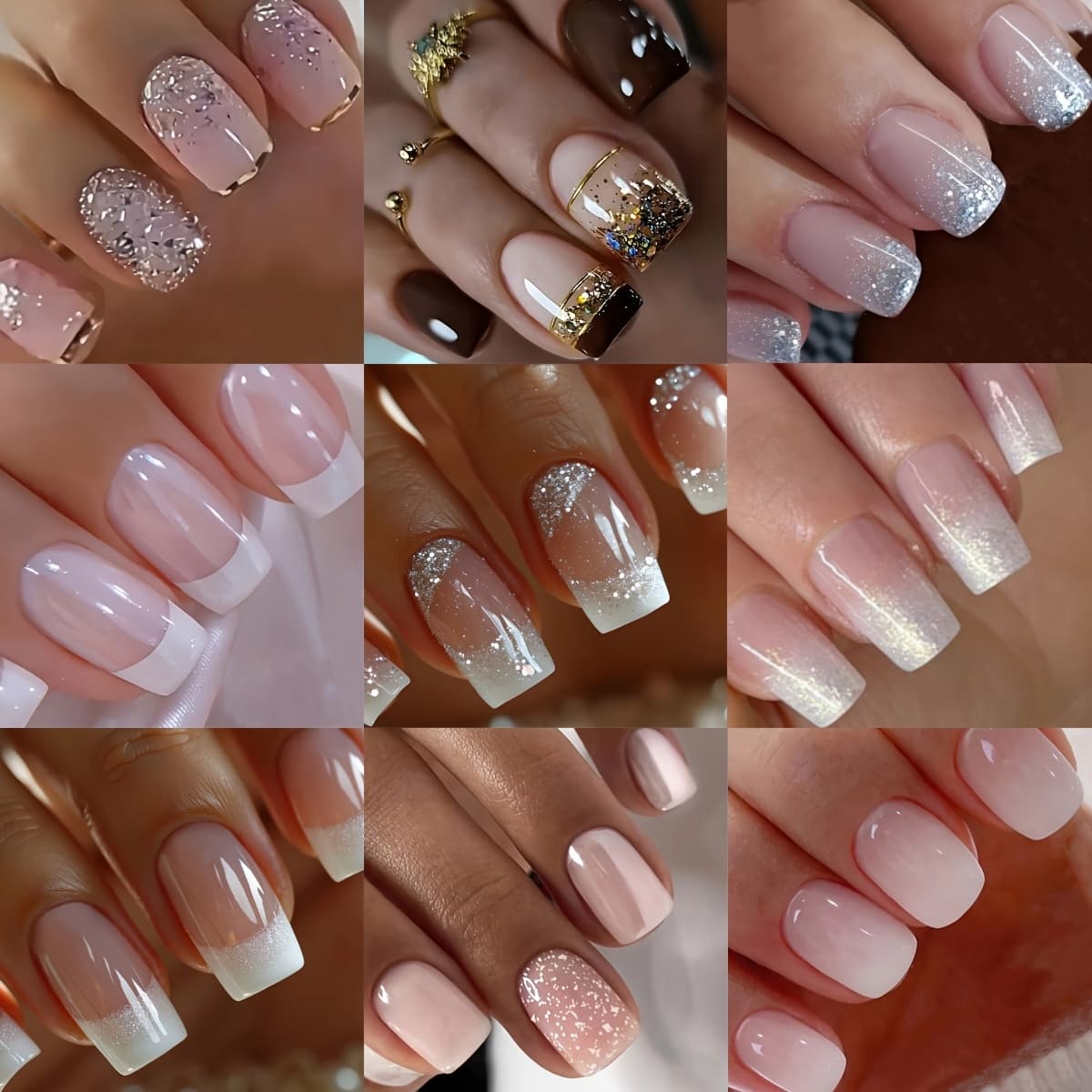 TEMU Get With 216pcs Short Square Nail Combo Set, Summer Casual Golden Silvery Glitter White French Gradient Stripe Full Coverage Fake Nails Stickers For Women & S