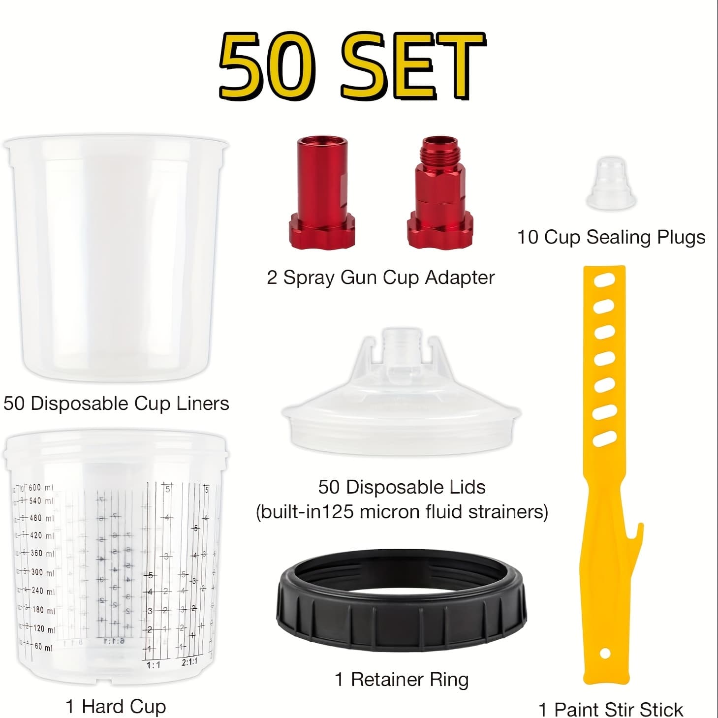 TEMU 50set Disposable Paint Mixing Cup Kit, Hvlp Mixing Cups With 50pack Paint Cups With Lids, Hard Cup With Retainer Ring, 2 Cup Adapter, Paint Stirrer, For Automotive Paint Gun
