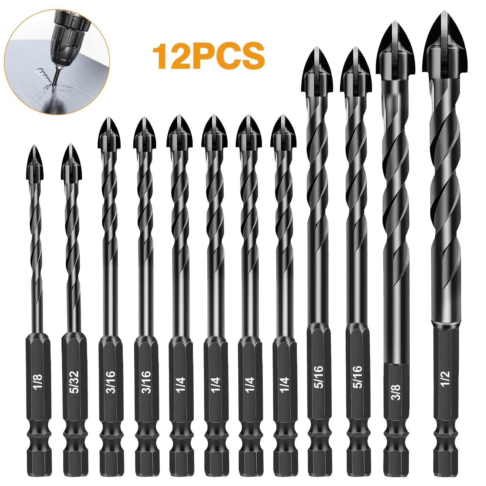 TEMU 12pcs Masonry & Concrete Drill Bit Set, 1/8"-1/2", For Tile, Brick, Glass, Plastic And Wood, Steel Tip With 1/4" Hex Shank
