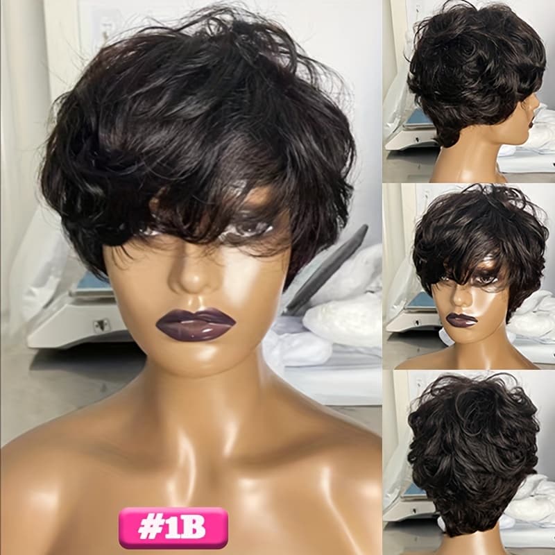 TEMU Short Wavy Cut Wig Human Hair Wig With Bangs None Lace Front Human Hair Wig For Women Big Curly Wave Brazilian Human Hair Glueless Full Machine Made Wig (6 Inch 150% Density)