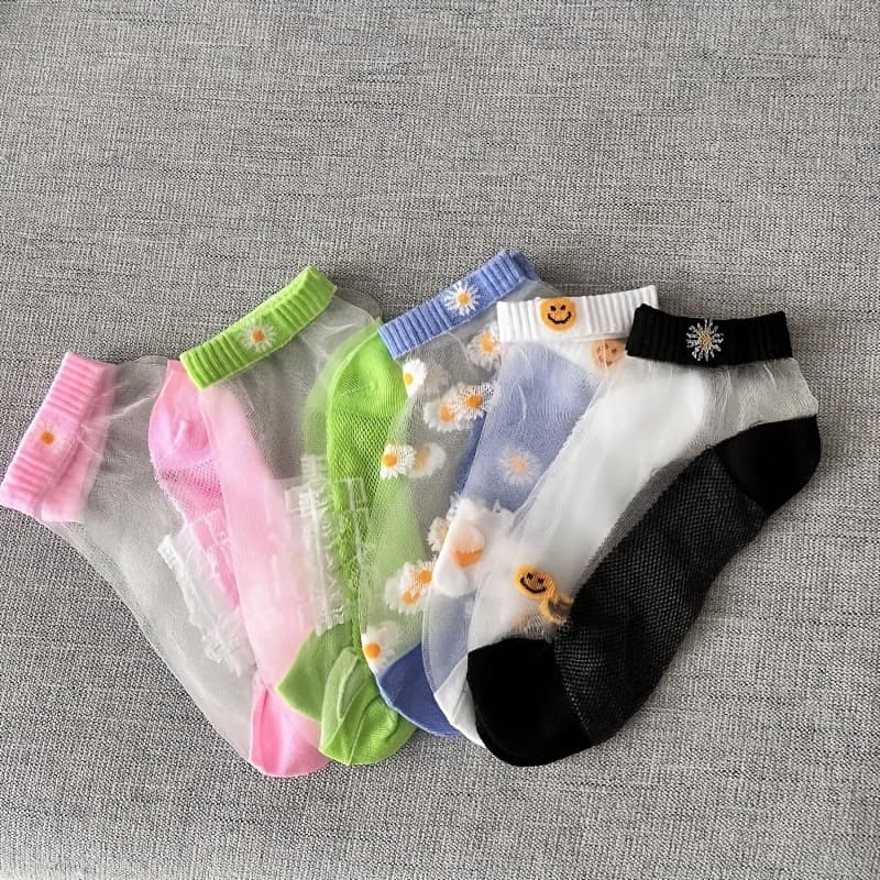TEMU 5 Pairs Of Floral Prints With Contrasting Fishnet Stockings, Breathable And Comfortable Ankle Socks, Women's Stockings And Sweaters.
