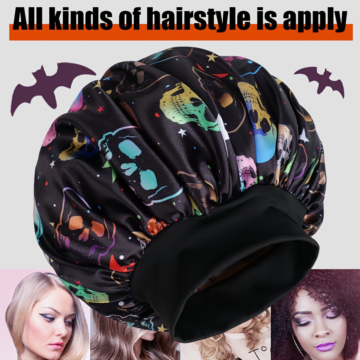TEMU Halloween Skull Print Satin Sleep - Long And Short Bonnet Styles For Women And Men, Elastic Band Hairs Bonnet, Halloween Party Favor