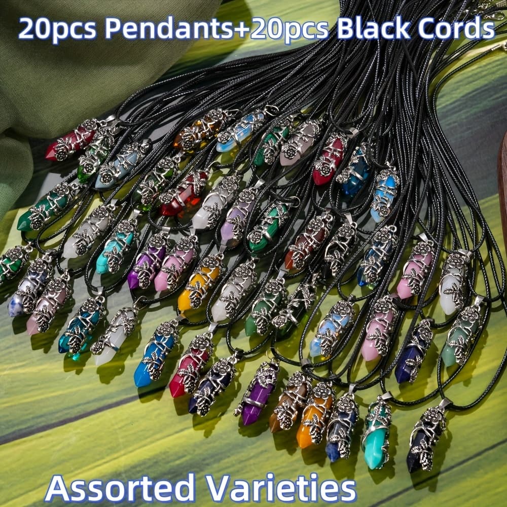 TEMU (20 Pendant+20 Necklaces) Random Hexagonal Column Shaped Wrapped Flowers Natural Stone Pendants With Black Artificial Leather Necklace Chain Set For Craft Making, Leisure Accessories & Gift
