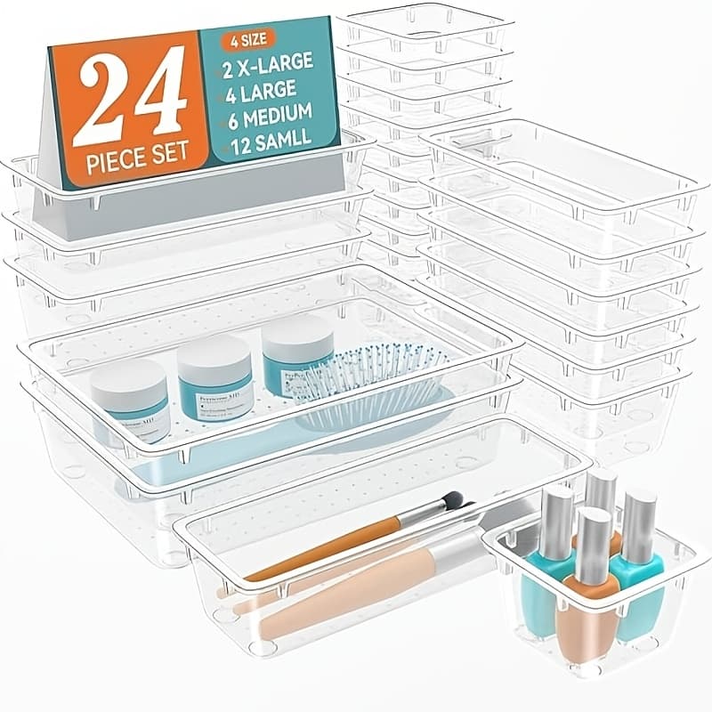 TEMU 24-piece Transparent Plastic Drawer Storage Set, 4 Sizes, Multifunctional Desktop Storage Tray, Cosmetic Organizer Box, Bedroom, Bathroom, Drawer Storage Tools