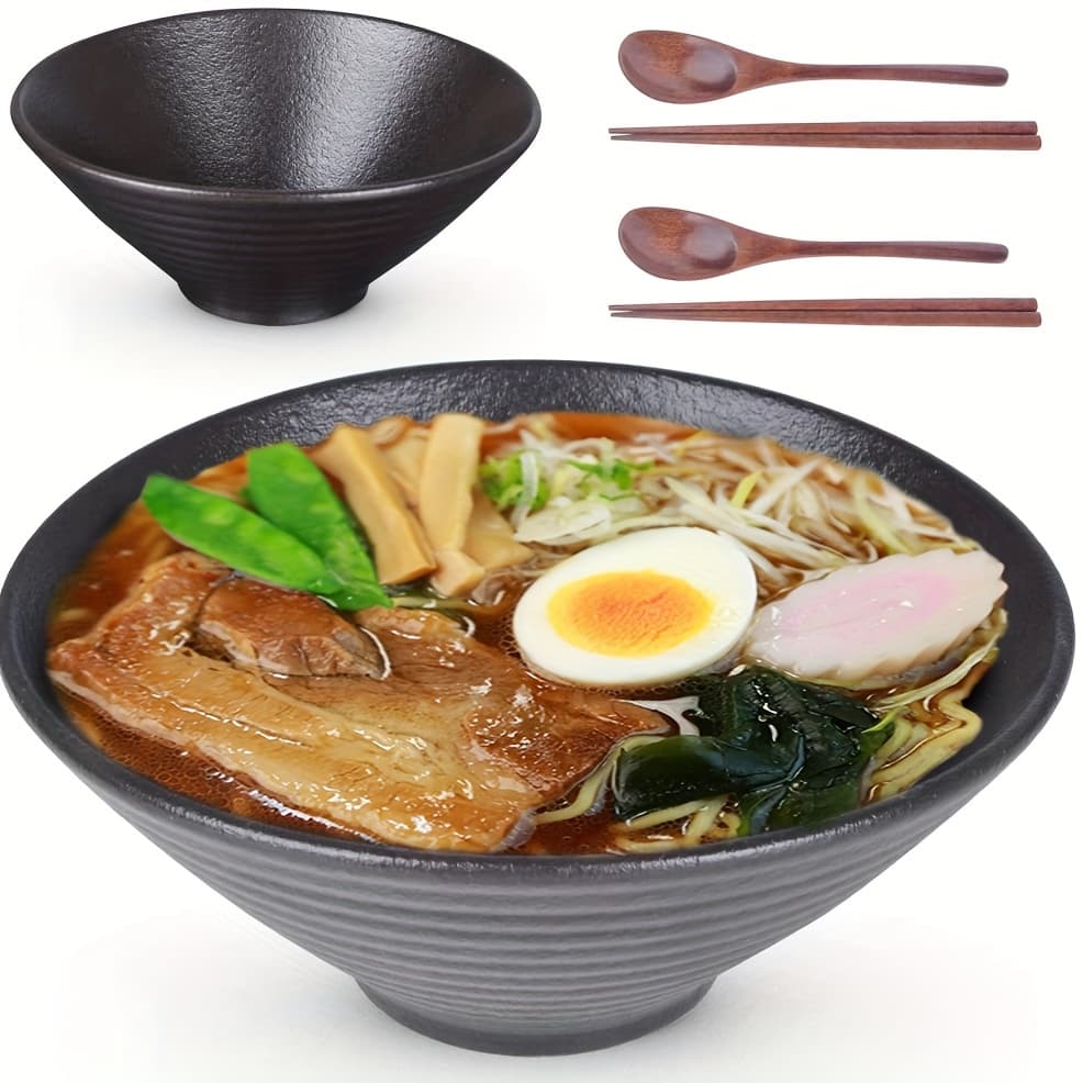 TEMU Black Ceramic Bowls, Set Of 2 - 60 Oz, Large Soup Noodle Bowl With Chopsticks And Spoon For Asian Style And Soba Noodles For Dinner/restaurant/kitchen