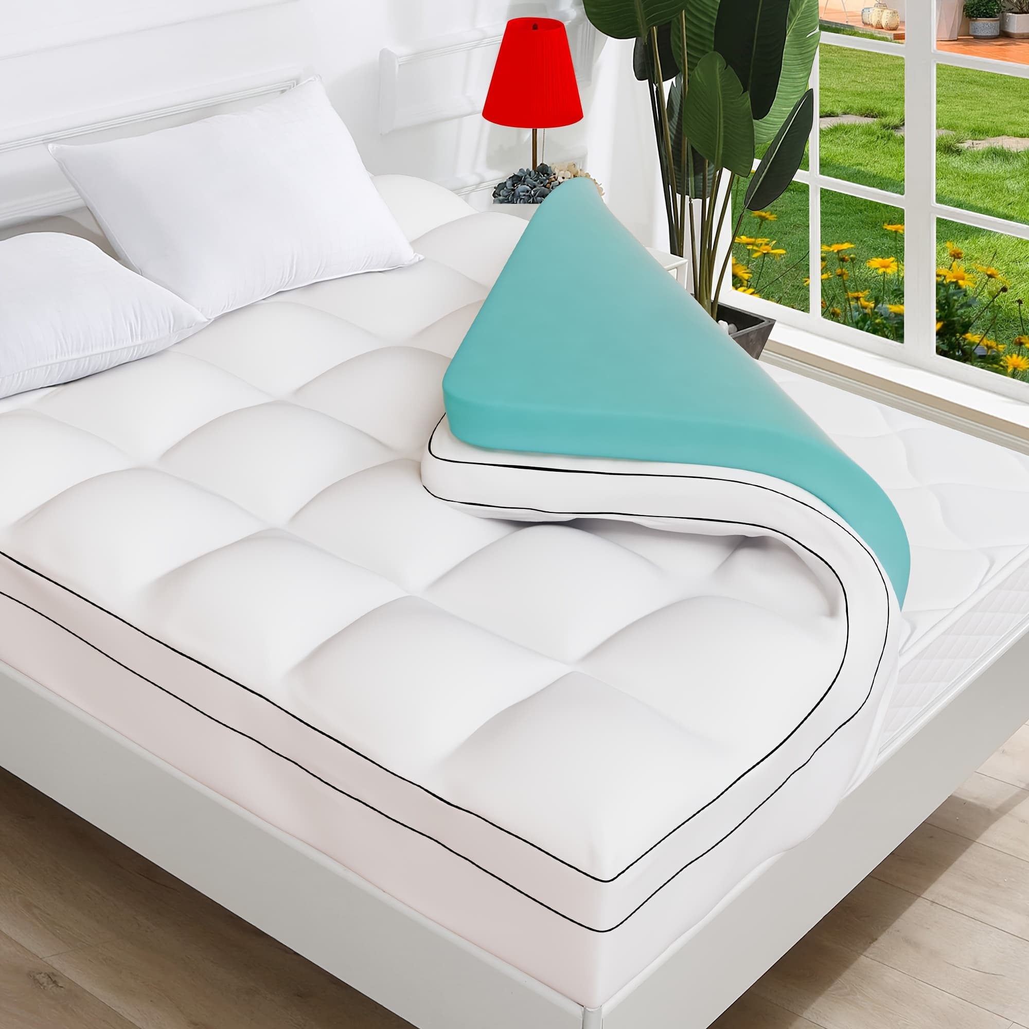 TEMU Gel Memory Foam Mattress Topper, Dual Layer 4 Inch Mattress Topper Cover, 2 Inch Gel Memory 2 Inch Pillow Top Cover With 8-21 Inch Deep Pocket, Removable Soft Cover, White