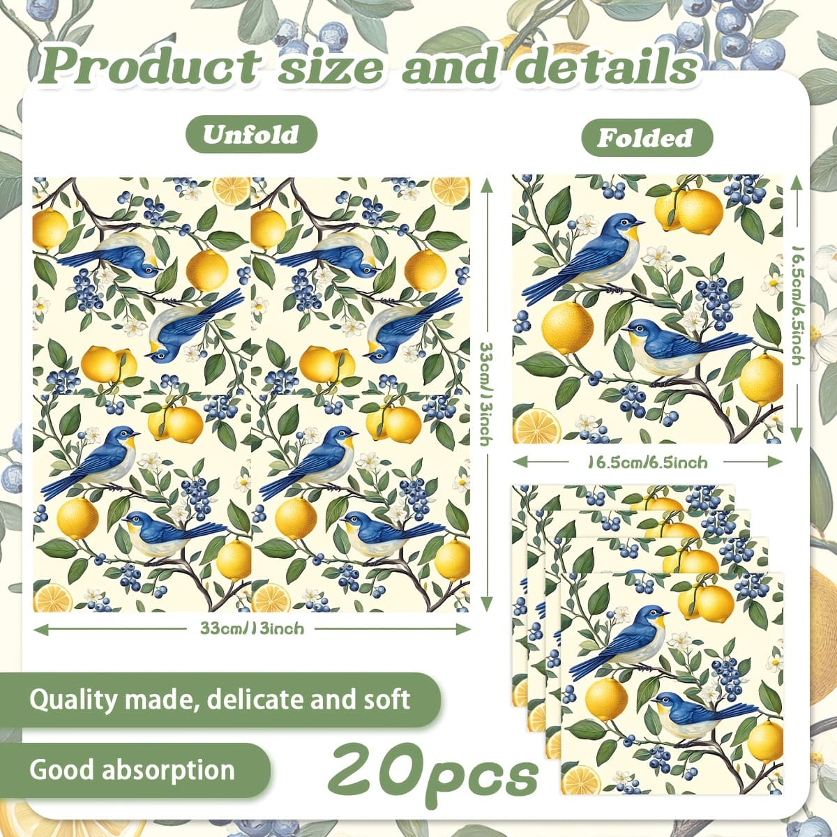 TEMU Birds Lemon Blueberry Floral Themed Party Napkins Suitable For , , Birthday Dinners - Elegant Table Decor With Bird & Berry Patterns, 2-ply Paper Napkins For Lunch Tissues For