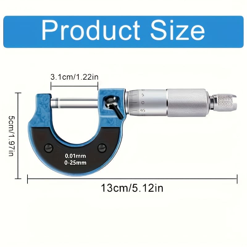TEMU 1pc Metal Outside Micrometer 0-25mm/0.01mm Precision, Uncharged Measuring Tool, Machinist Gauge With Ratchet Stop, Professional Thickness Caliper