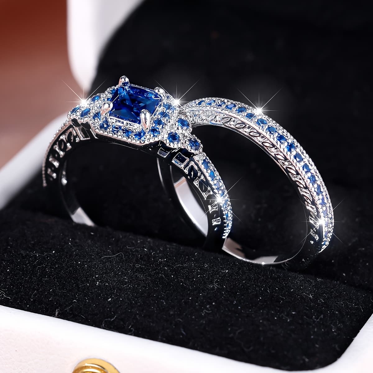 TEMU 2pcs Blue Stone Engagement Ring Set Silvery Color Circle Ring Set Wedding Jewelry