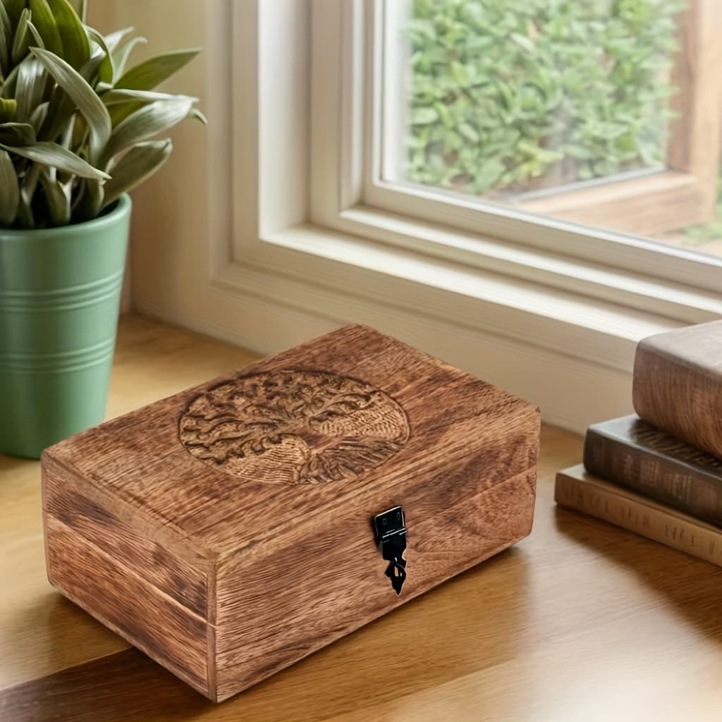 TEMU Storage Box Handmade Wooden Tree Of Life Carved Beautiful Souvenir Box Jewelry Organizer Unique Gift Ideas For Men And Women (flame Work )