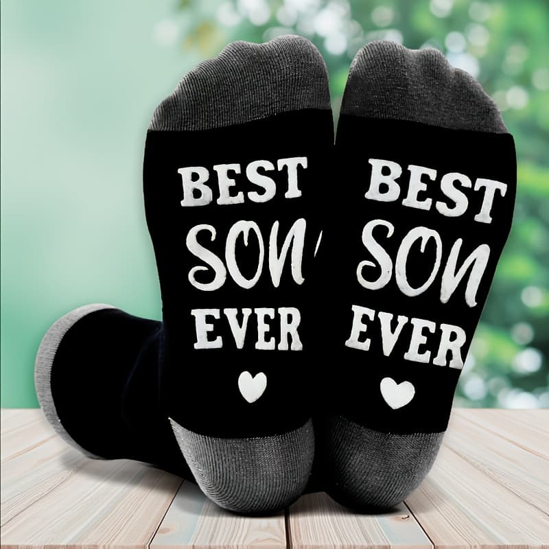 TEMU 1 Pair Men's Black And Gray Color Block Socks With Silicone Grip Bottom, Breathable Moisture-wicking Sports Mid-calf Socks "knitted Fabric Best Son Ever" Best Gift For Family, Sweat-resistant