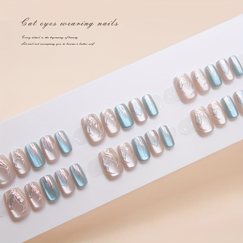 TEMU 30pcs Mermaid Cat Eye Short Ballet Short T-shaped Press-on Nails, Pre-made Nail Tips, Includes A Nail File And Jelly Glue