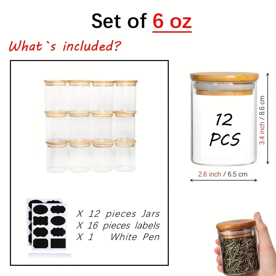 TEMU 12pcs Empty Glass Jars Set, 6/9/12oz Round Spice Jars With Wood Airtight Lids And Labels, Small Food Storage Containers For Home Kitchen, Tea, Herbs, Sugar, Salt, Coffee, Flour, Herbs, Grains
