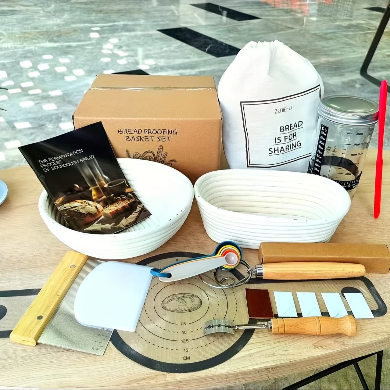 TEMU Sourdough Starter Kit, Sourdough Bread Baking Supplies Includes 24oz Sourdough Starter Jar, 2pcs 9 Inch Round&oval Sourdough Bread Proofing Baskets With Linen Liner, Bread Making Kit