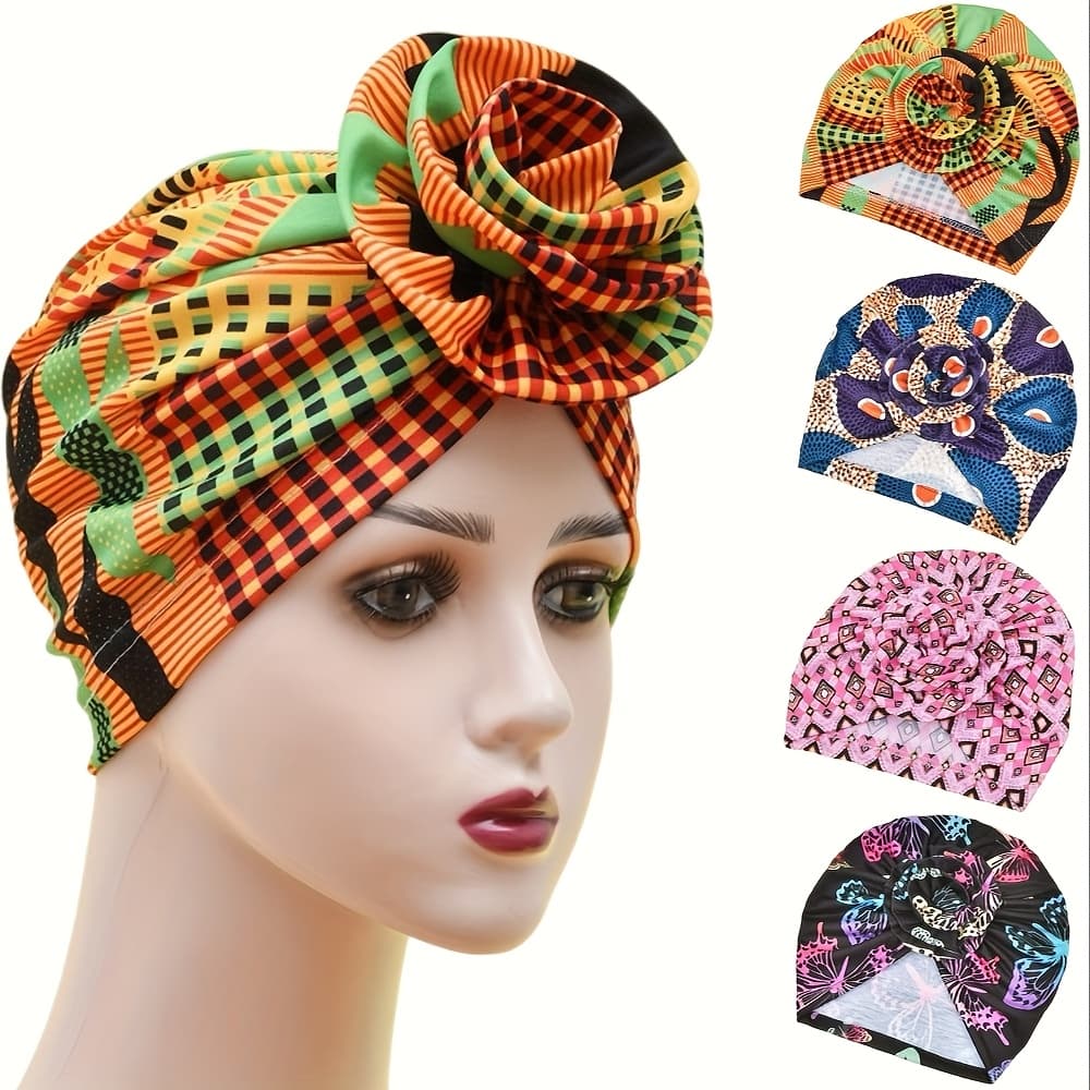 TEMU 4pcs Women's Stretch Floral Turban Hats - Colorful Bohemian Head Wraps With Knotted Designs, Lightweight Polyester Headwraps Chemo Caps For Outdoor & Casual Wear, Headscarf, Vibrant Patterns