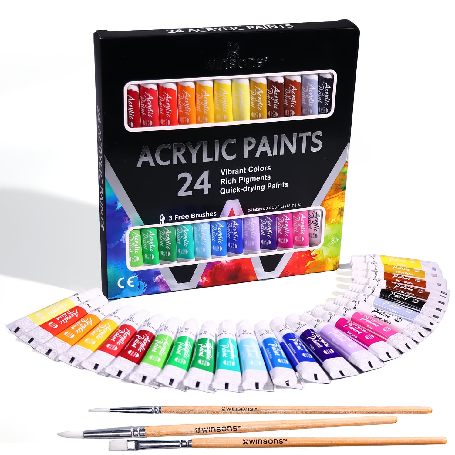 TEMU Winsons 24colors Acrylic Paint Set With 3 Bonus Brushes (12 Ml/ 0.4 Oz Tubes), Premium Art Painting Supplies For Students, And Adult, Professional Sketching Acrylic Fine Pigments