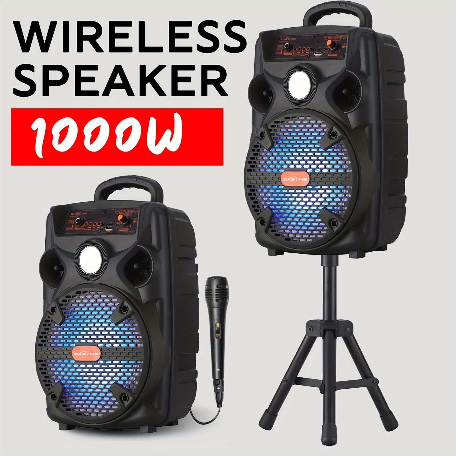 TEMU 1000w Rechargeable Outdoor Wireless Speaker Portable Pa System W/ 8" Subwoofer, Led Lights, Bt/tf/tws/usb/aux, Includes Microphone And Stand, Perfect For Party, Camping, Beach