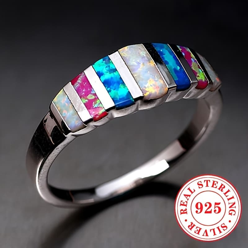 TEMU 925 Sterling ' Fashion Ring, Featuring A Vintage Elegant Style, Set With Synthetic Opal, October Birthstone, Perfect For Casual Everyday Wear And Holiday Jewelry