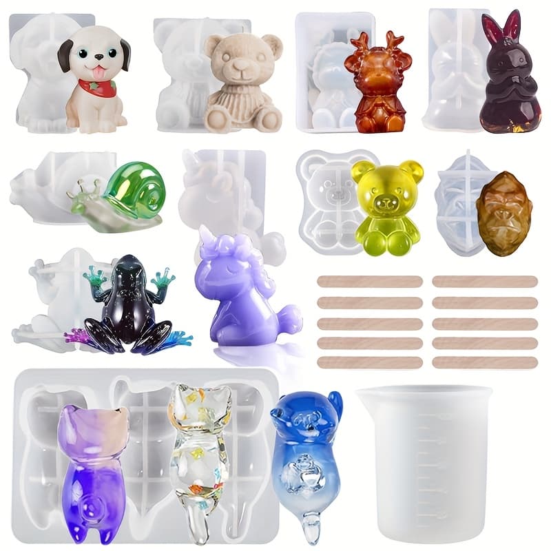 TEMU 21pcs 3d Animal Resin Mold Tool Set, Epoxy Resin Molds For Diy Resin Crafts, Includes 10 Clear Epoxy Silicone Molds, Measuring Cup, Wooden Sticks & Candle Molds - Perfect For Home Decor