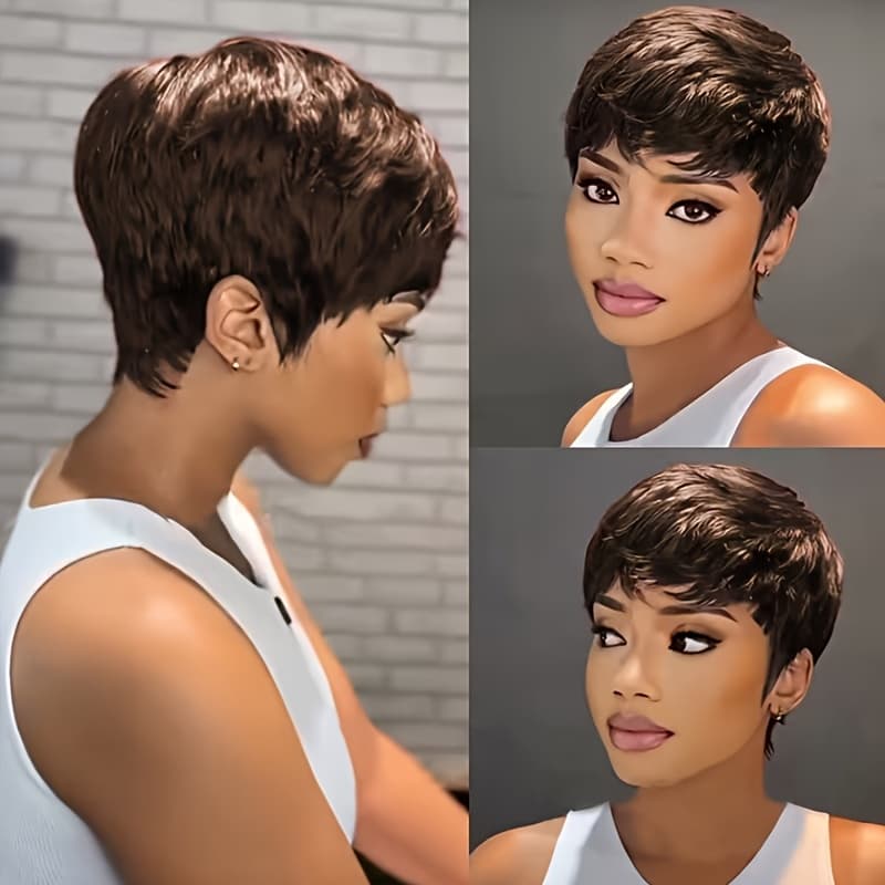 TEMU Dark Brown Short Layered Cut Wig Made From Straight Human Hair, Featuring Bangs. And Restyled, Making It Ideal For Women For Parties, Festivals, And Casual Wear