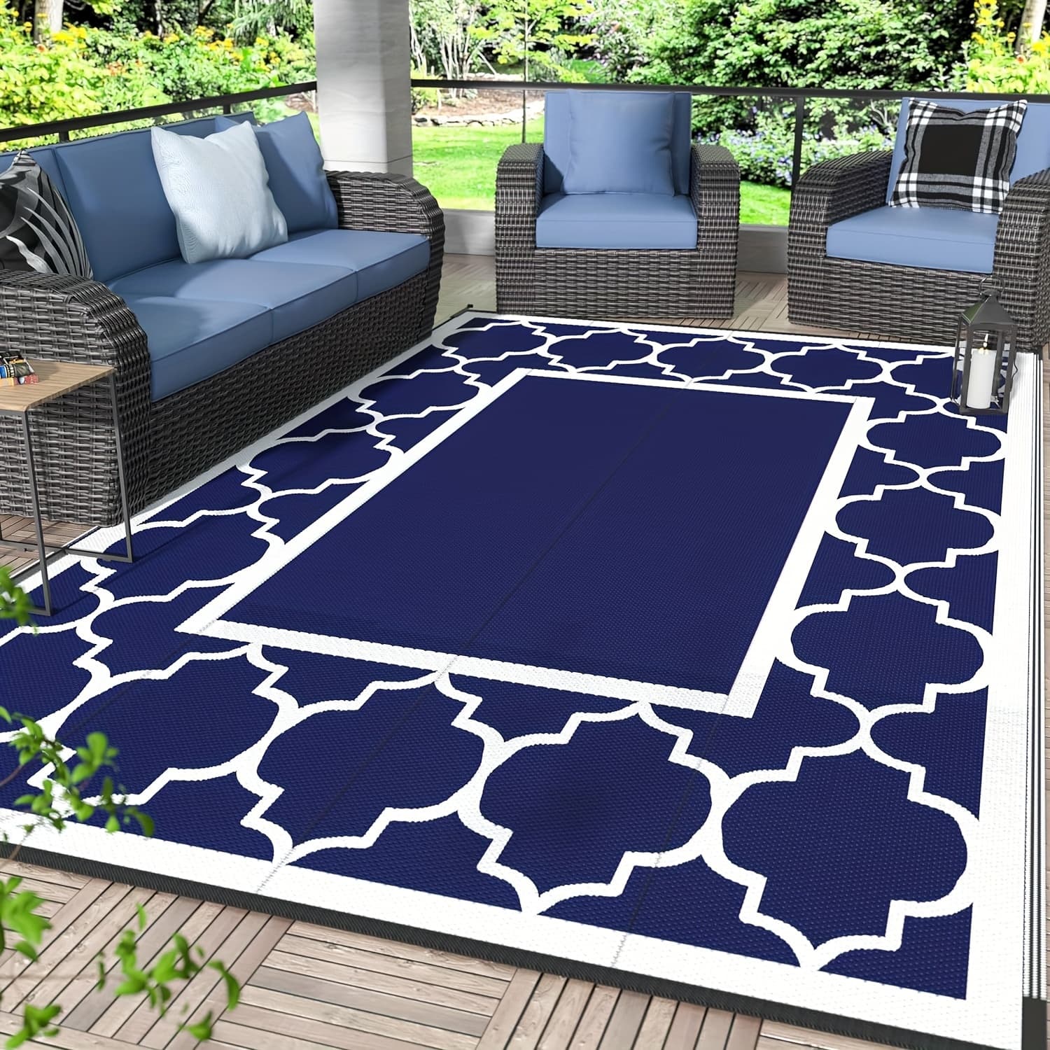 TEMU Outdoor Rug For Patio, Large Mat, Reversible Plastic Camping Rugs, Porch, Deck, , Balcony, Backyard, Black And White