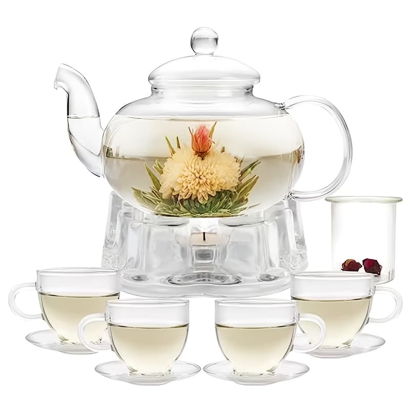 TEMU 34oz/1000ml Glass Teapot Set With Loose Tea Infuser, 4pcs 5oz/150ml Teacup & Saucer Set, Stovetop & Microwave Safe Tea Maker For , Complete Chinese Style Tea Set, Ideal Gift For Women