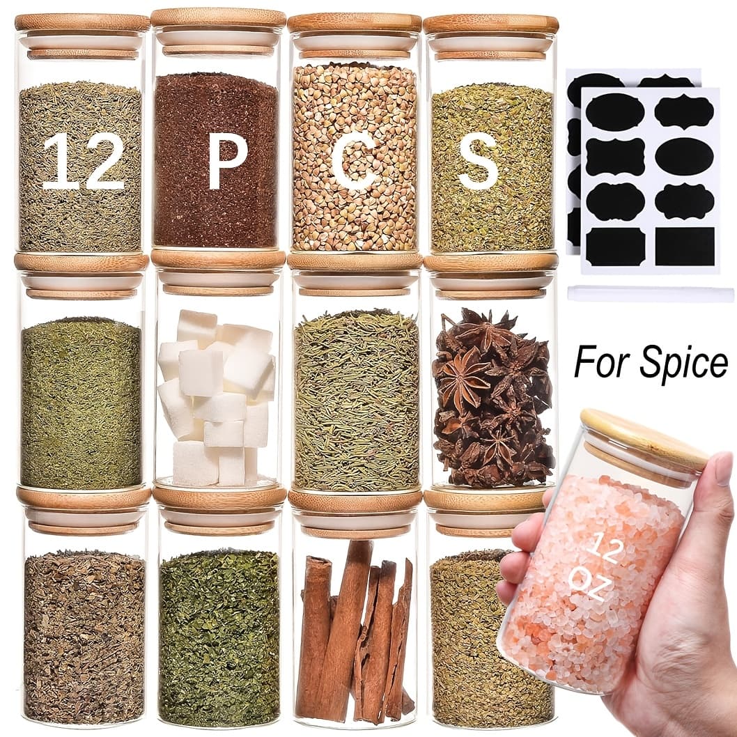 TEMU 12pcs Glass Spice Jars With Labels, 12oz Round Jars With Bamboo Lids, Empty Spice Bottles For Seasoning Organizer Container