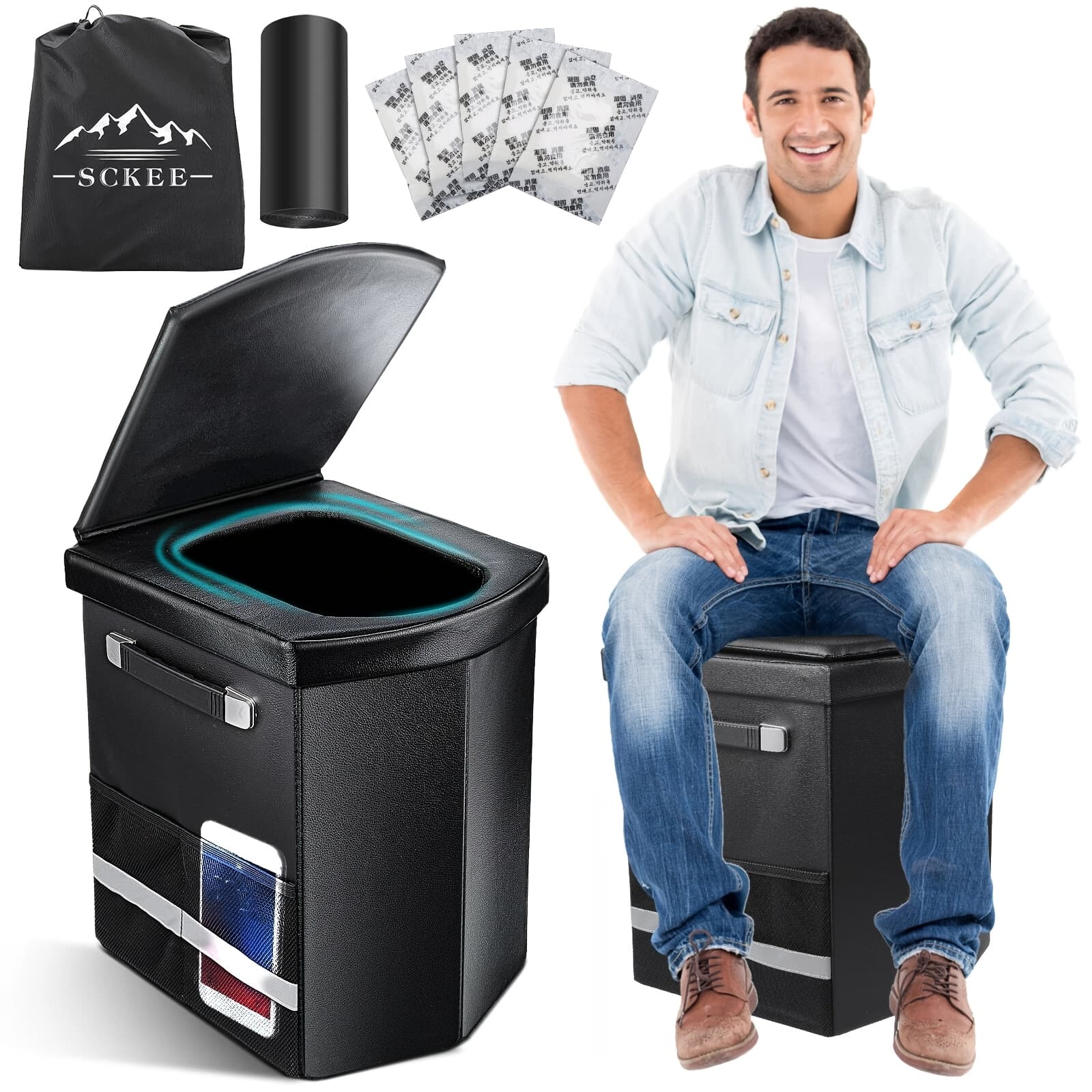 TEMU Xl Portable Toilet For Adults, 16.5'' Tall Camping Toilet With Lid & Convenient Carry Bag, Portable Potty For Camping, Hiking, Car Travel, Truck, Rv, Boating, Road Trips, Beach