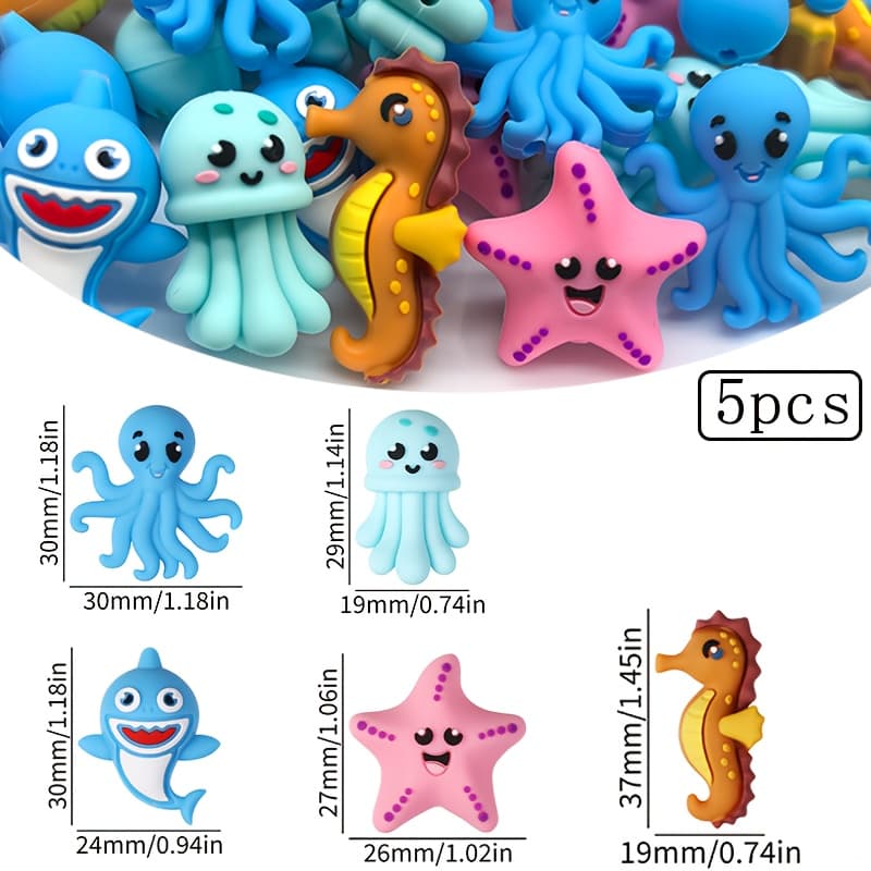 TEMU 5 Silicone Beads, 3d Three-dimensional Marine : Starfish, Jellyfish, Octopus Loose Spacer Beads, Suitable For Handmade Jewelry Making, Daily Decorations And Holiday Gifts