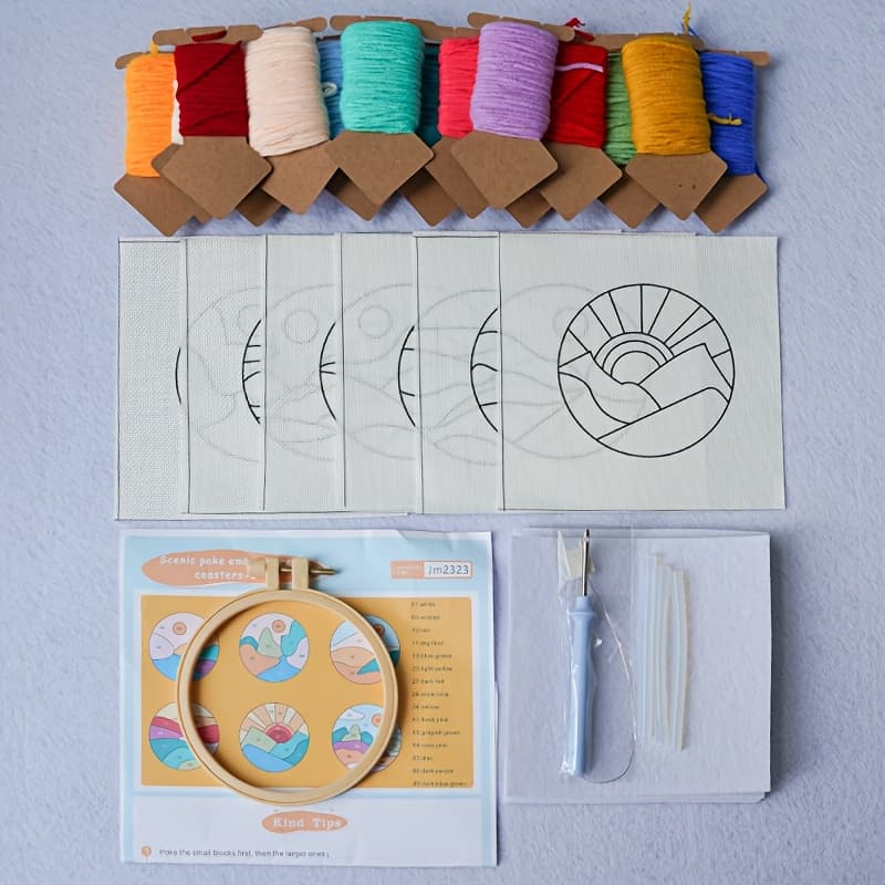 TEMU 6pcs Scenic Landscape Punch Needle Kit With Coasters - Complete Embroidery For Beginners, Includes Tools & Mixed Colors