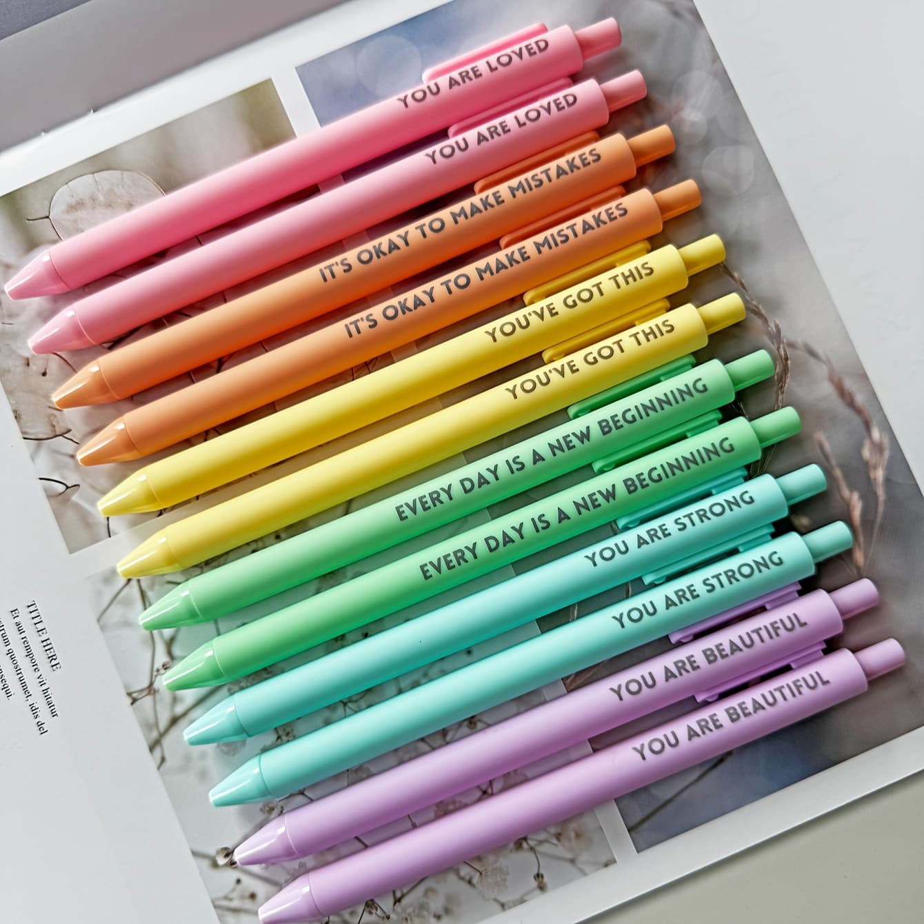 TEMU 12pcs Pastel Motivational Inspirational Encouraging Pen Set - Retractable Happy Positive Pens, Black Ink, , Rubber Finished Ball Pens - Colorful & Cute Pens For Journaling, Writing Supplies