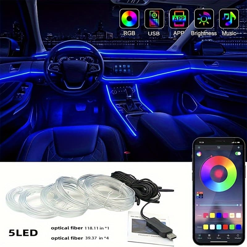 TEMU A Set Of In-car Neon Lights Led Light Strips With App Control Ambient Lighting Kit 276 Inch Fiber Optic 8- Neon Lights Synchronized Music Rgb , Without Battery