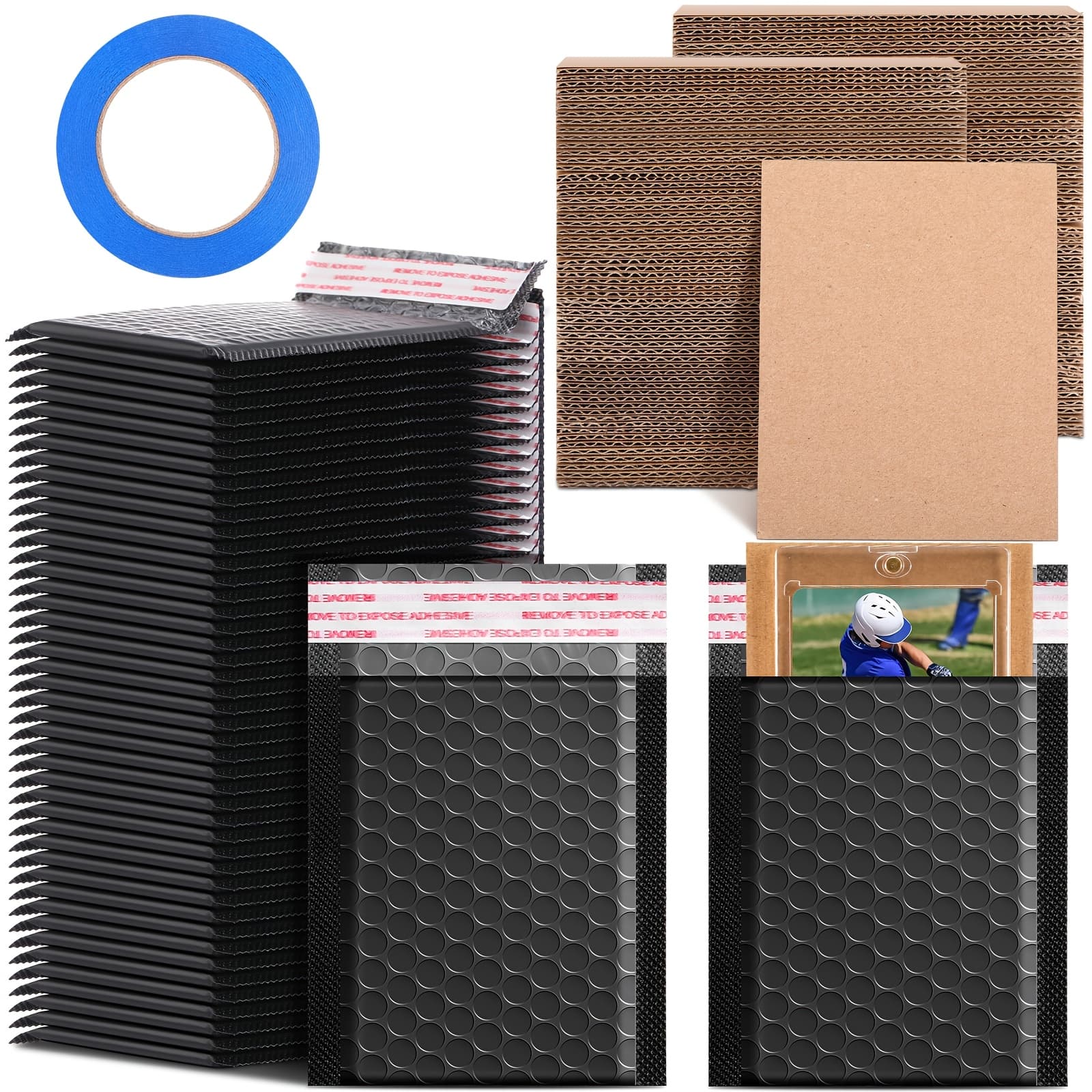 TEMU 301pcs Trading Card Protector Shipping Kit With 200 Corrugated Board Sheets & Inserts, 100 /padded Envelopes, Masking Tape - Complete Card For Collectors, Hobby , Mailing Supplies Bulk