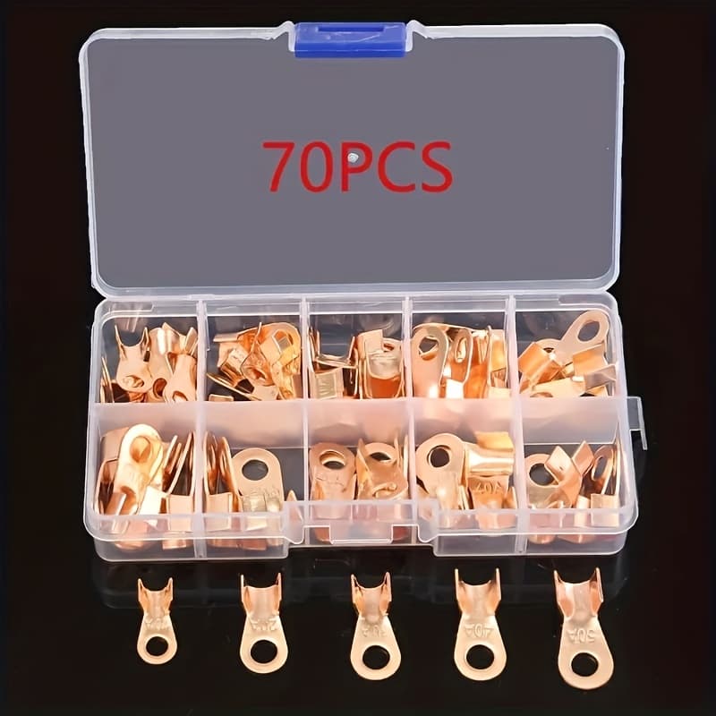 TEMU 70pcs Copper Wire Lug Connectors Kit, Cable Electrical Crimp Terminal Connectors, Heavy-duty Open Crimp Ring Connectors For Secure Wire Connections, Uncharged, No Battery Required