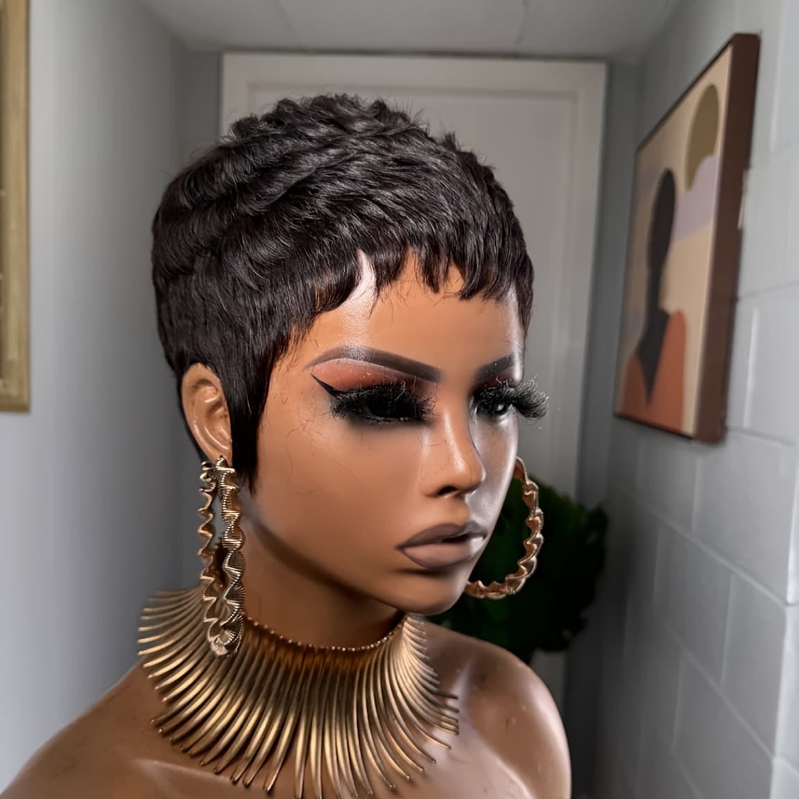 TEMU Women' Short Human Hair Wig Glueless Cut With Bangs - Natural Black Suitable For , Machine-made Full Wig With Layered Hairstyle, Density & Volume, No For Instant Hairstyle ()