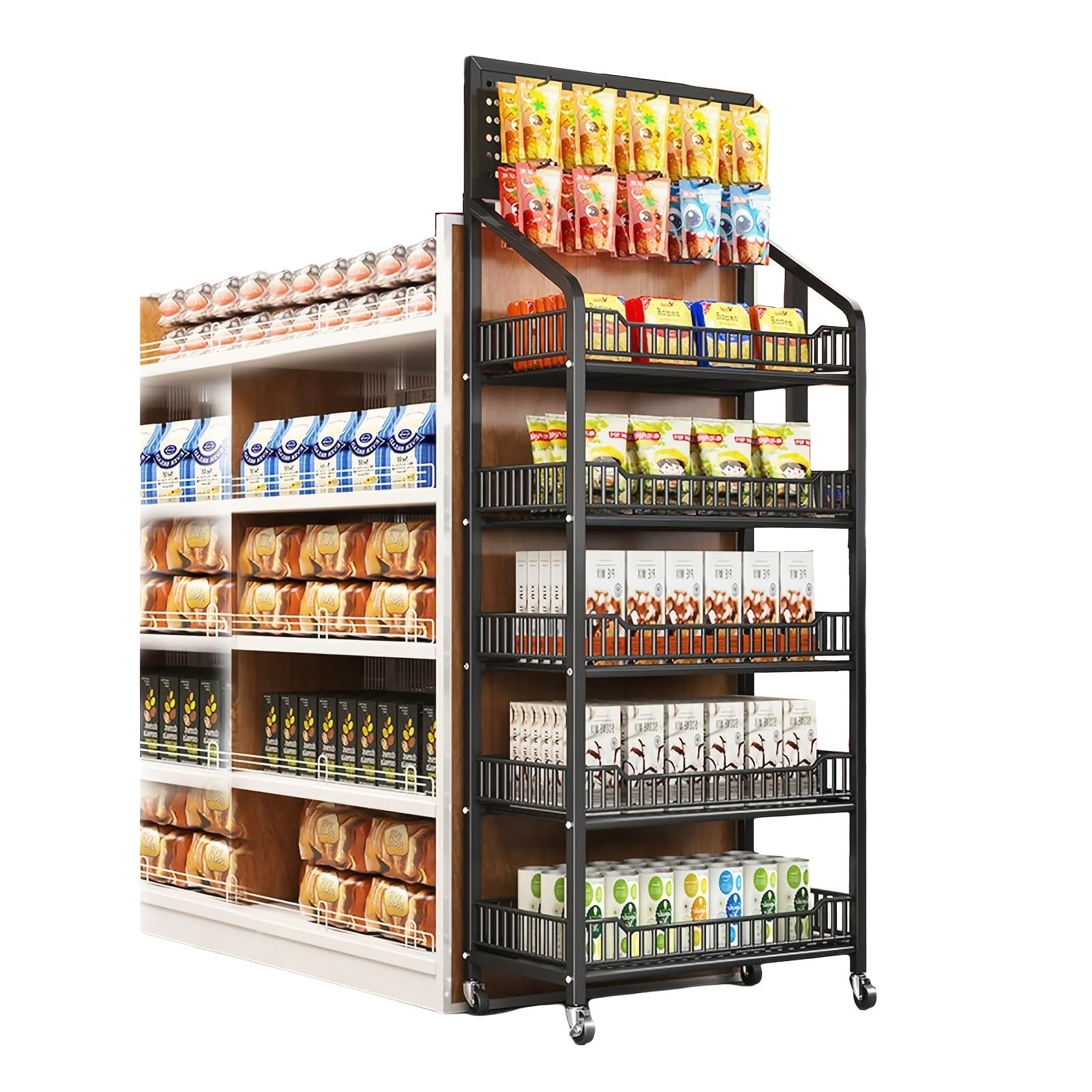 TEMU 5-tier Supermarket Retail Display Rack, Metal Snack Storage Shelf With Wheels For Kitchen Store, Concession Potato Chip Candy Organizer Shelving, Standing Shelf