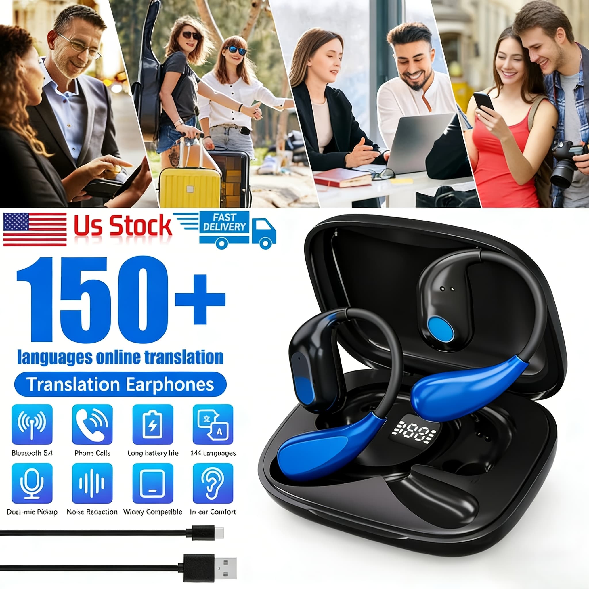 TEMU Real-time Translator Earbuds - 158 Language Ai Translation Headset With Free Subscription App Support, Enc Noise Cancelling & 10h Playtime For Travel/business/school