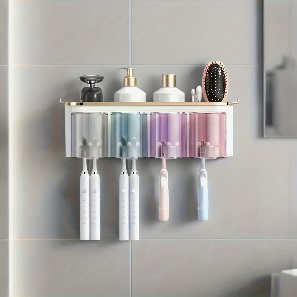 TEMU Wall-mounted Toothbrush Storage Box Set, With Toothpaste Dispenser And Mouthwash Cup - Space-saving Bathroom Storage Organizer, Durable Plastic With Modern And Golden Accents