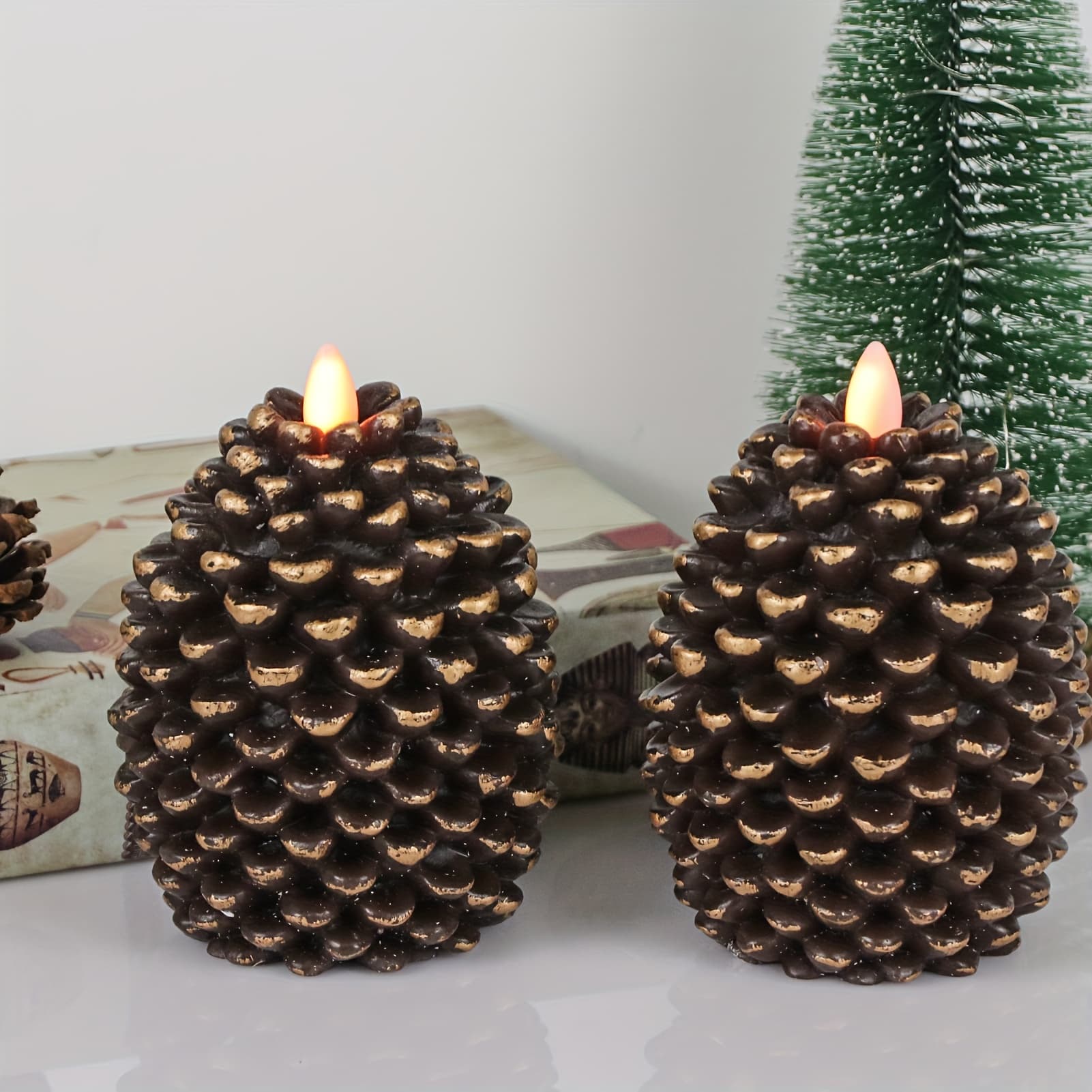 TEMU Christmas Pine Cone Flameless Candles Battery Operated With 6 Hour Timer Unscented Real Wax Flat Wick Flickering Led Candles Christmas Thanksgiving Home Holiday Decoration 2 Pack