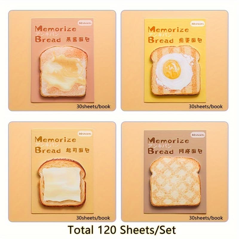 TEMU 120sheets Creative Bread Pattern Sticky Notes Tearable Note Paper Portable Mini Memo Pad Set (30sheets/book, 4books, Total 120 Sheets/set)