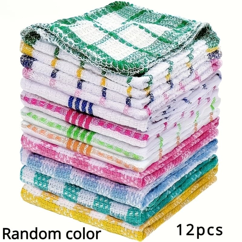 TEMU 12pcs Kitchen Towels, Hand Towels & Dishcloths - Contemporary Checkered Design, 12 Vibrant Mixed Colors, Durable Polyester, Square Shape For Multi-use In Kitchen & Home, Hand Wash Only